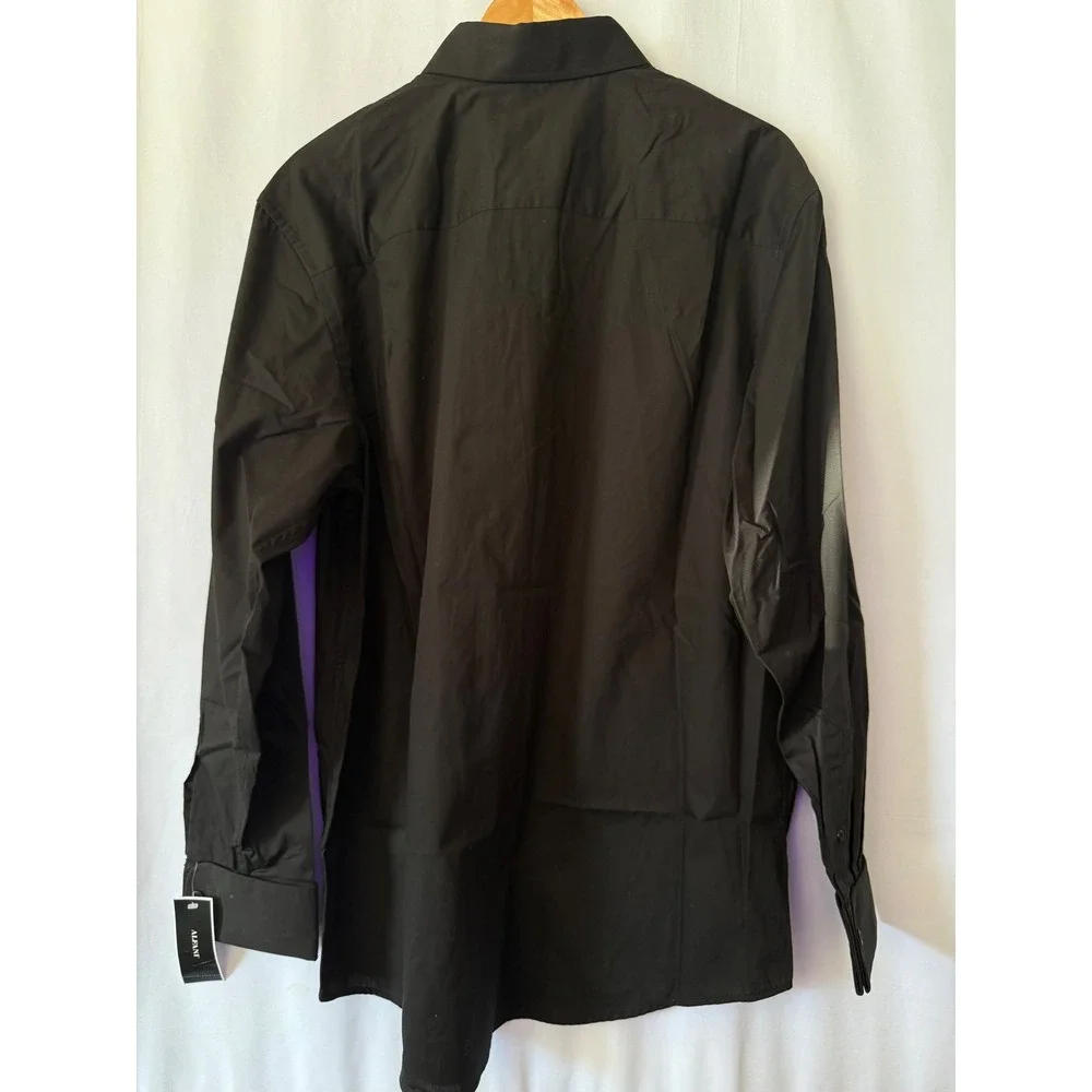 Alfani Mens Black Long Sleeve Button Down Shirt Pleated Front 100% Cotton Large